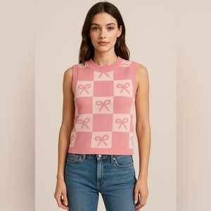 🎀 Luna Ivy Pink Bow Checkered Knit Vest XS NWT Anthropologie